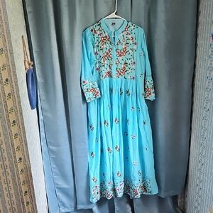 Blue Buttoned Maxi Dress with Bishop Sleeves